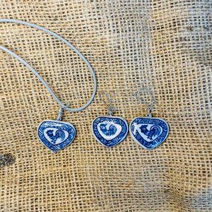 Artisan Blue & White Ceramic Heart Beaded Doublesided Necklace Earrings Set of 3